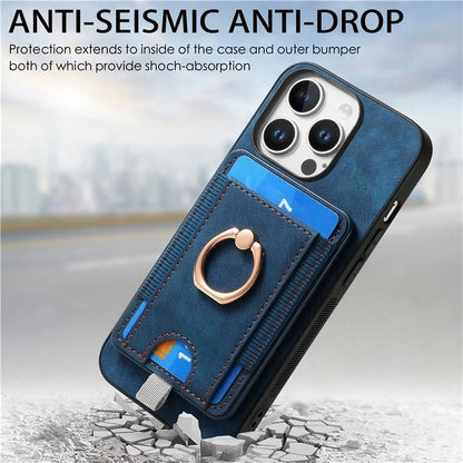 D7 For iPhone 16 Pro Max Magnetic Case Card Holder Ring Kickstand PU Leather Phone Back Cover