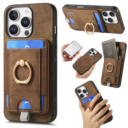 D7 For iPhone 16 Pro Max Magnetic Case Card Holder Ring Kickstand PU Leather Phone Back Cover