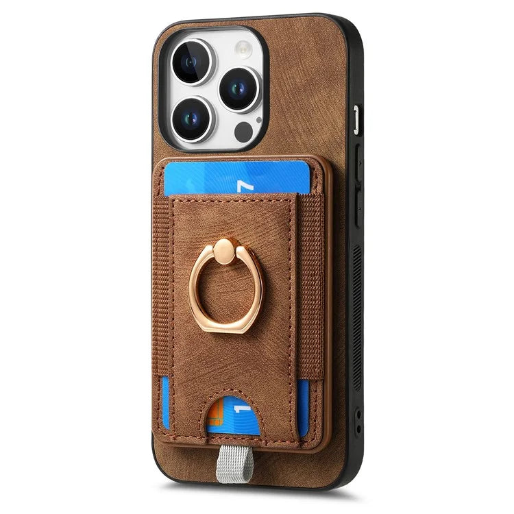 D7 For iPhone 16 Pro Max Magnetic Case Card Holder Ring Kickstand PU Leather Phone Back Cover