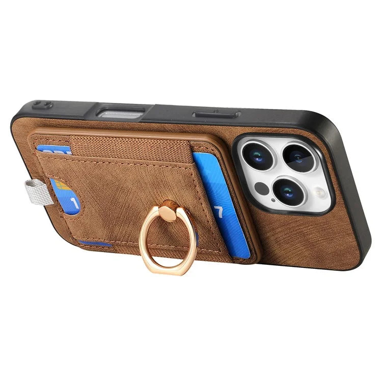 D7 For iPhone 16 Pro Max Magnetic Case Card Holder Ring Kickstand PU Leather Phone Back Cover