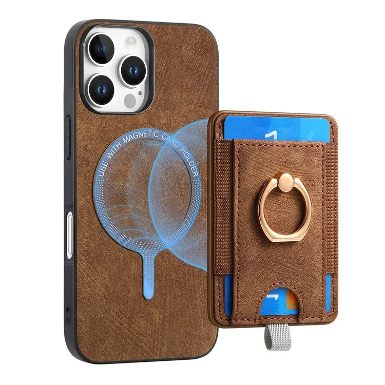 D7 For iPhone 16 Pro Max Magnetic Case Card Holder Ring Kickstand PU Leather Phone Back Cover