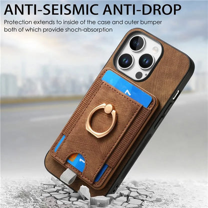 D7 For iPhone 16 Pro Max Magnetic Case Card Holder Ring Kickstand PU Leather Phone Back Cover