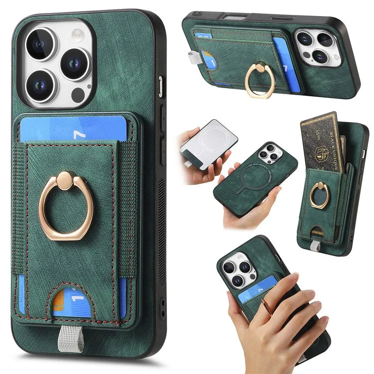 D7 For iPhone 16 Pro Max Magnetic Case Card Holder Ring Kickstand PU Leather Phone Back Cover