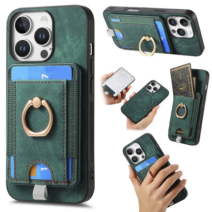 D7 For iPhone 16 Pro Max Magnetic Case Card Holder Ring Kickstand PU Leather Phone Back Cover