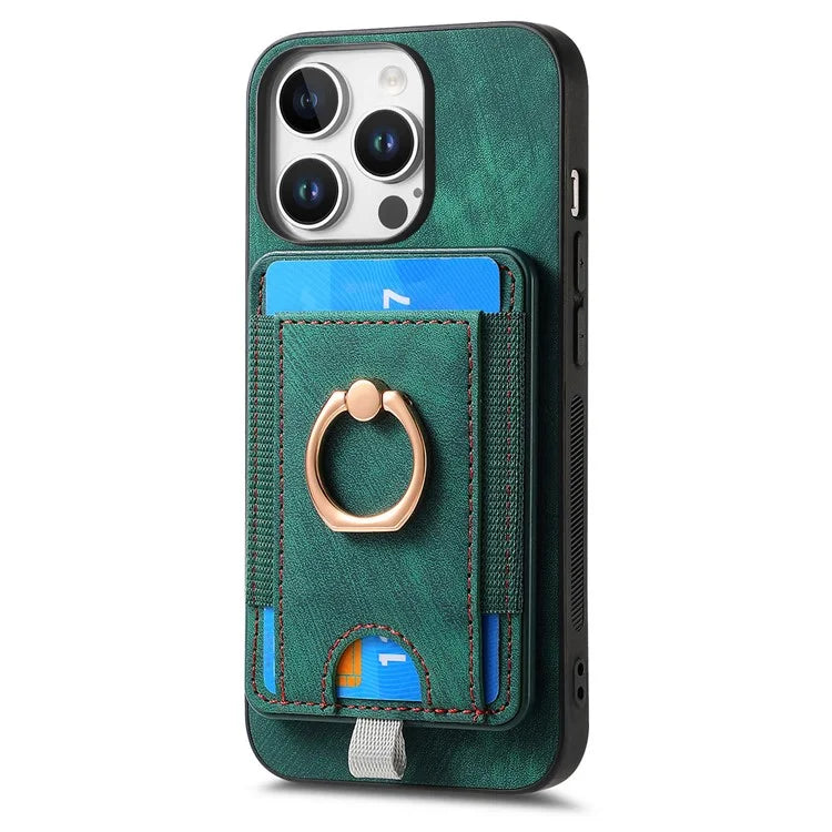 D7 For iPhone 16 Pro Max Magnetic Case Card Holder Ring Kickstand PU Leather Phone Back Cover
