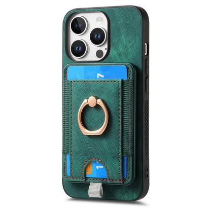 D7 For iPhone 16 Pro Max Magnetic Case Card Holder Ring Kickstand PU Leather Phone Back Cover
