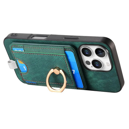 D7 For iPhone 16 Pro Max Magnetic Case Card Holder Ring Kickstand PU Leather Phone Back Cover