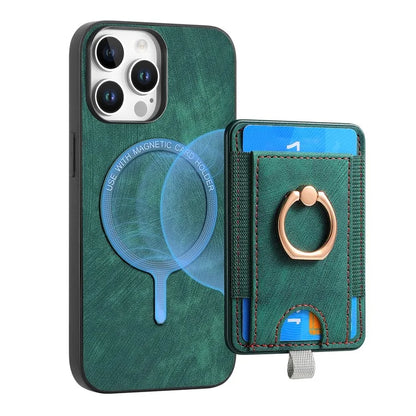 D7 For iPhone 16 Pro Max Magnetic Case Card Holder Ring Kickstand PU Leather Phone Back Cover
