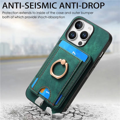 D7 For iPhone 16 Pro Max Magnetic Case Card Holder Ring Kickstand PU Leather Phone Back Cover