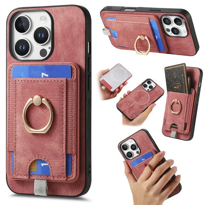 D7 For iPhone 16 Pro Max Magnetic Case Card Holder Ring Kickstand PU Leather Phone Back Cover