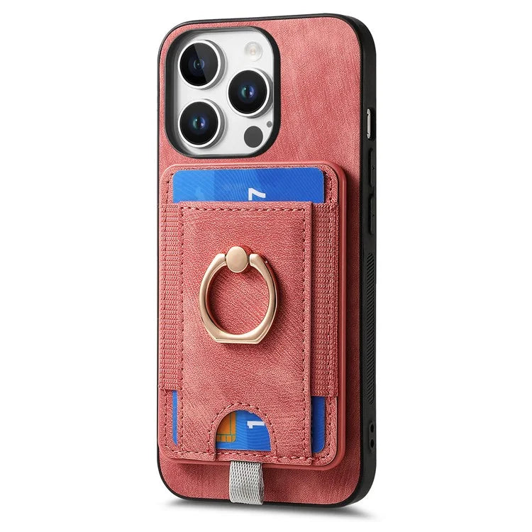 D7 For iPhone 16 Pro Max Magnetic Case Card Holder Ring Kickstand PU Leather Phone Back Cover