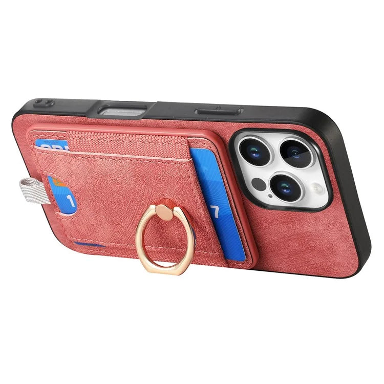 D7 For iPhone 16 Pro Max Magnetic Case Card Holder Ring Kickstand PU Leather Phone Back Cover