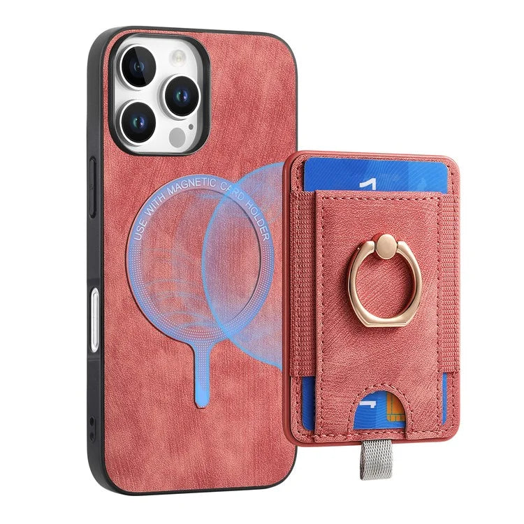 D7 For iPhone 16 Pro Max Magnetic Case Card Holder Ring Kickstand PU Leather Phone Back Cover