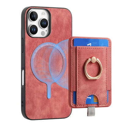 D7 For iPhone 16 Pro Max Magnetic Case Card Holder Ring Kickstand PU Leather Phone Back Cover