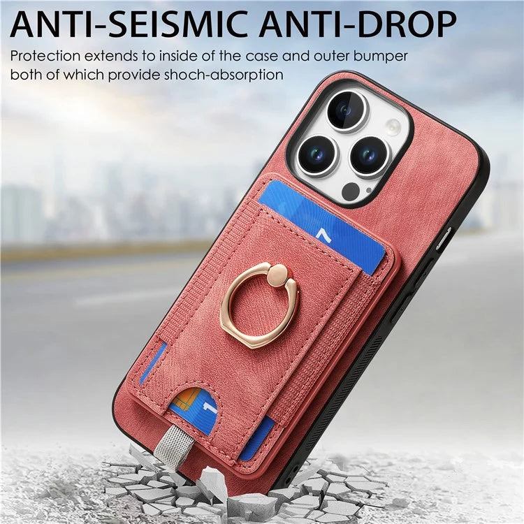 D7 For iPhone 16 Pro Max Magnetic Case Card Holder Ring Kickstand PU Leather Phone Back Cover