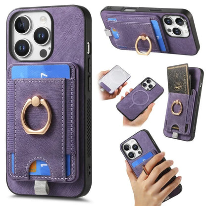 D7 For iPhone 16 Pro Max Magnetic Case Card Holder Ring Kickstand PU Leather Phone Back Cover
