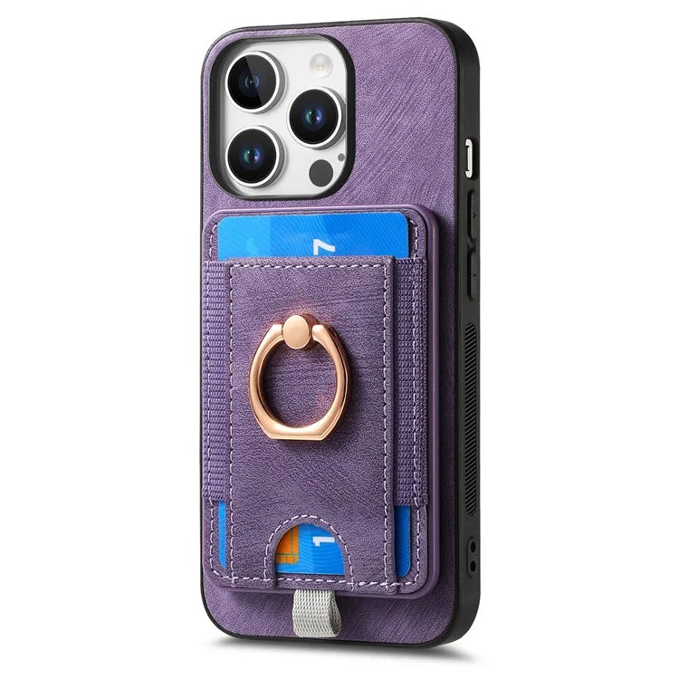 D7 For iPhone 16 Pro Max Magnetic Case Card Holder Ring Kickstand PU Leather Phone Back Cover