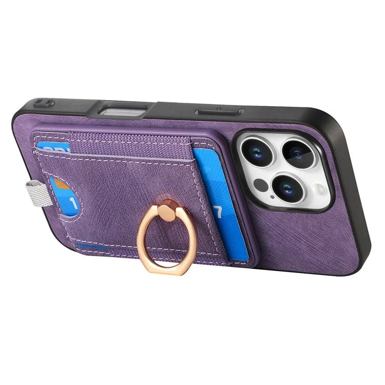 D7 For iPhone 16 Pro Max Magnetic Case Card Holder Ring Kickstand PU Leather Phone Back Cover