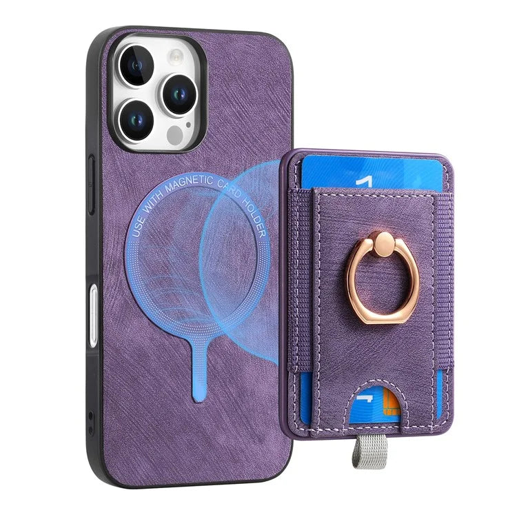 D7 For iPhone 16 Pro Max Magnetic Case Card Holder Ring Kickstand PU Leather Phone Back Cover