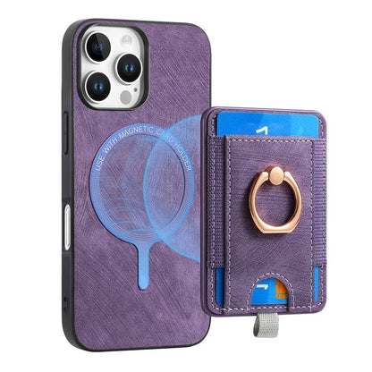 D7 For iPhone 16 Pro Max Magnetic Case Card Holder Ring Kickstand PU Leather Phone Back Cover