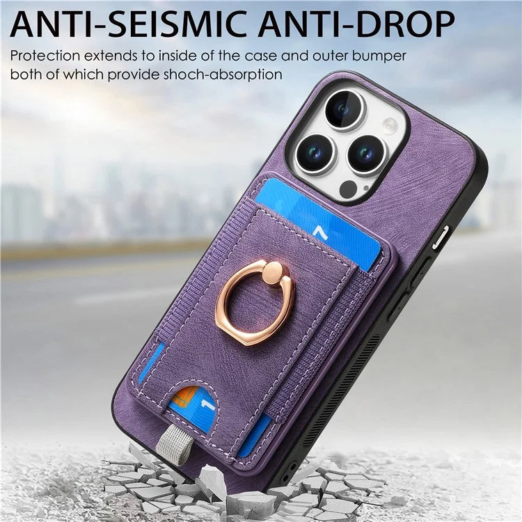 D7 For iPhone 16 Pro Max Magnetic Case Card Holder Ring Kickstand PU Leather Phone Back Cover