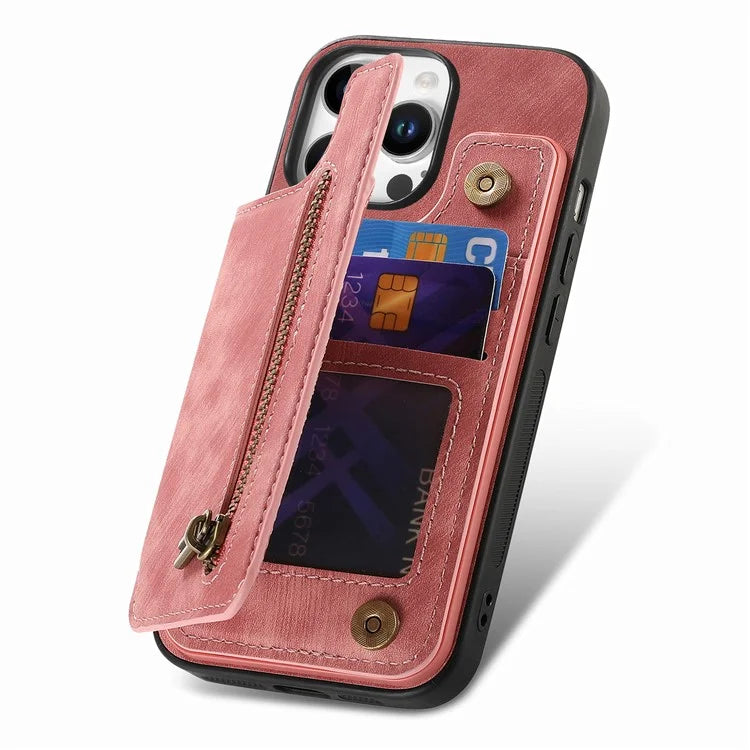 For iPhone 16 Pro Max Case with Zipper Card Holder Leather+TPU Phone Cover