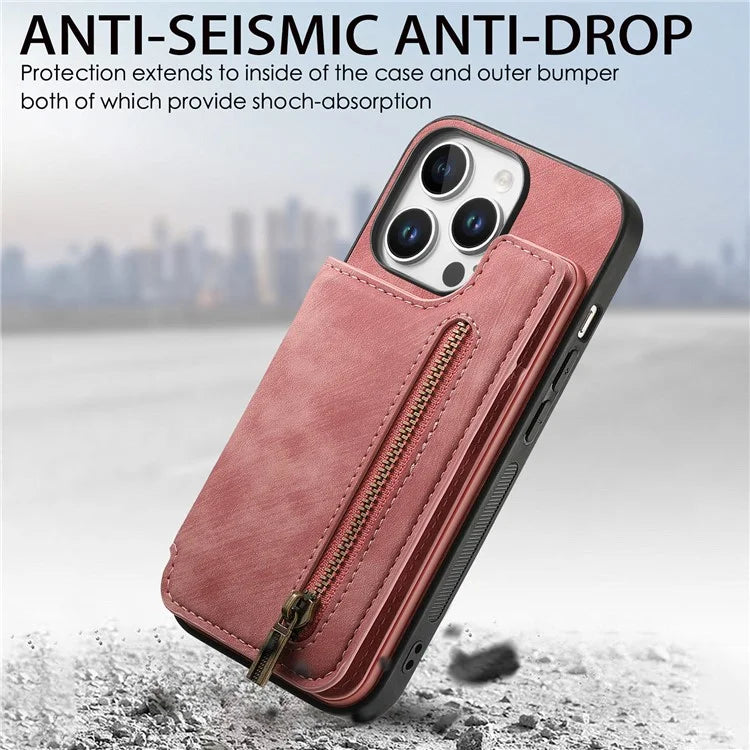 For iPhone 16 Pro Max Case with Zipper Card Holder Leather+TPU Phone Cover