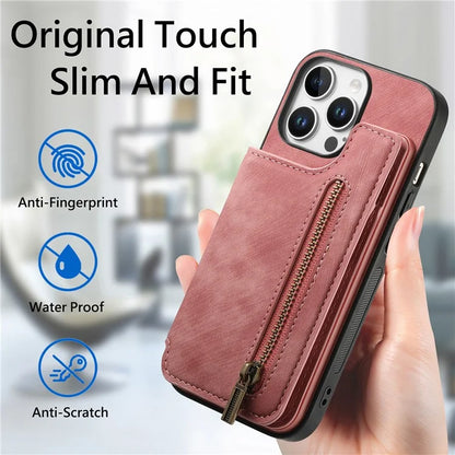 For iPhone 16 Pro Max Case with Zipper Card Holder Leather+TPU Phone Cover