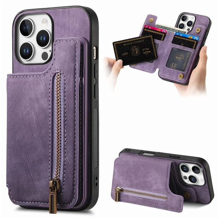 For iPhone 16 Pro Max Case with Zipper Card Holder Leather+TPU Phone Cover