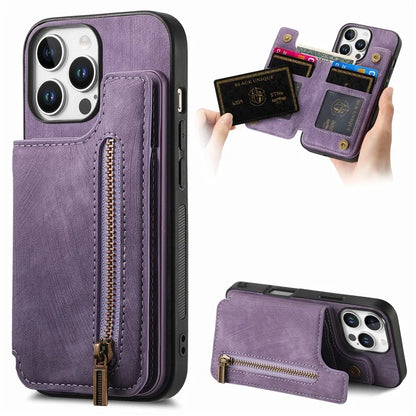 For iPhone 16 Pro Max Case with Zipper Card Holder Leather+TPU Phone Cover