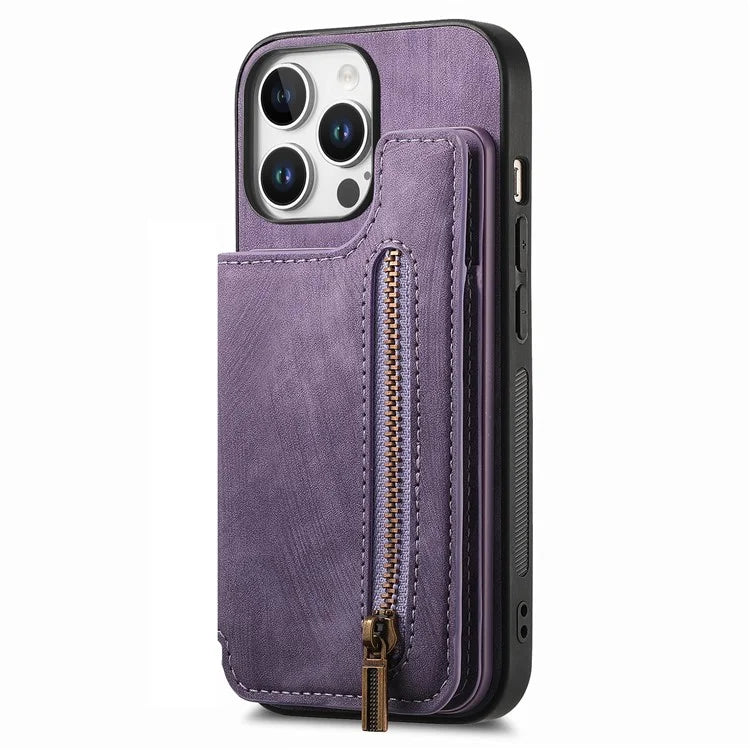 For iPhone 16 Pro Max Case with Zipper Card Holder Leather+TPU Phone Cover