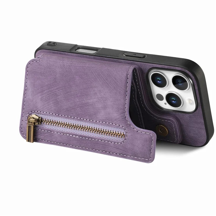 For iPhone 16 Pro Max Case with Zipper Card Holder Leather+TPU Phone Cover
