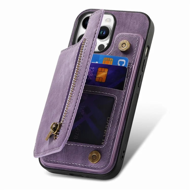 For iPhone 16 Pro Max Case with Zipper Card Holder Leather+TPU Phone Cover