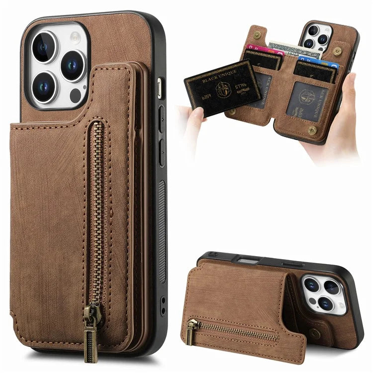 For iPhone 16 Pro Max Case with Zipper Card Holder Leather+TPU Phone Cover