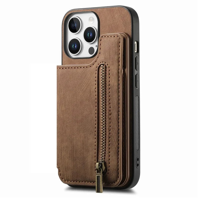For iPhone 16 Pro Max Case with Zipper Card Holder Leather+TPU Phone Cover