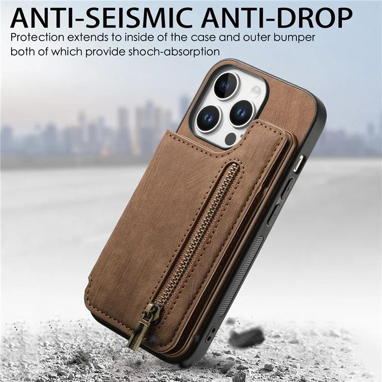 For iPhone 16 Pro Max Case with Zipper Card Holder Leather+TPU Phone Cover