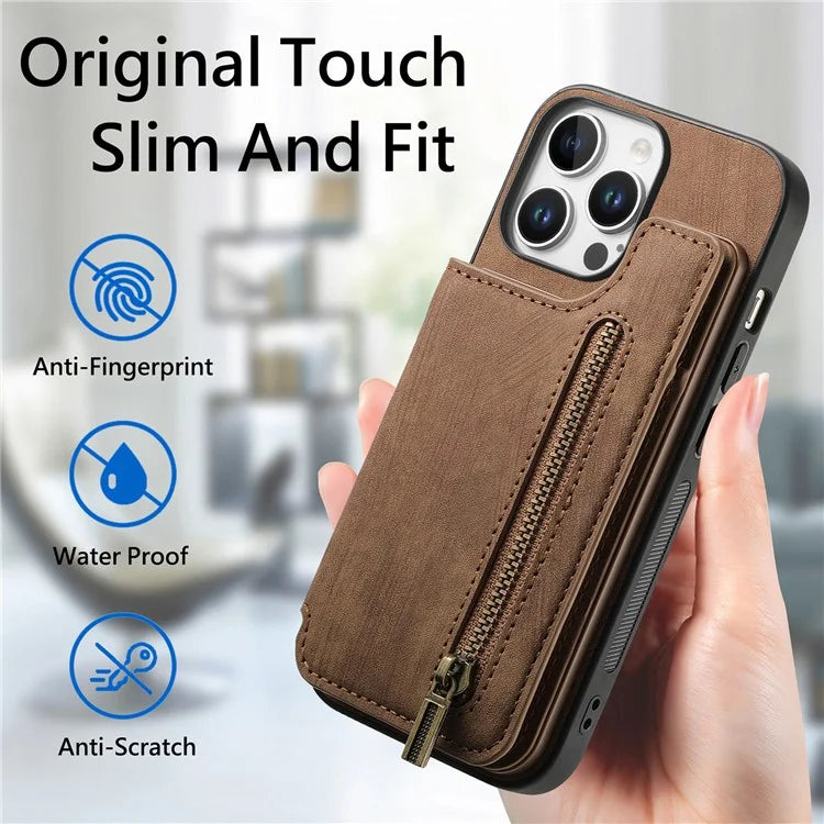 For iPhone 16 Pro Max Case with Zipper Card Holder Leather+TPU Phone Cover