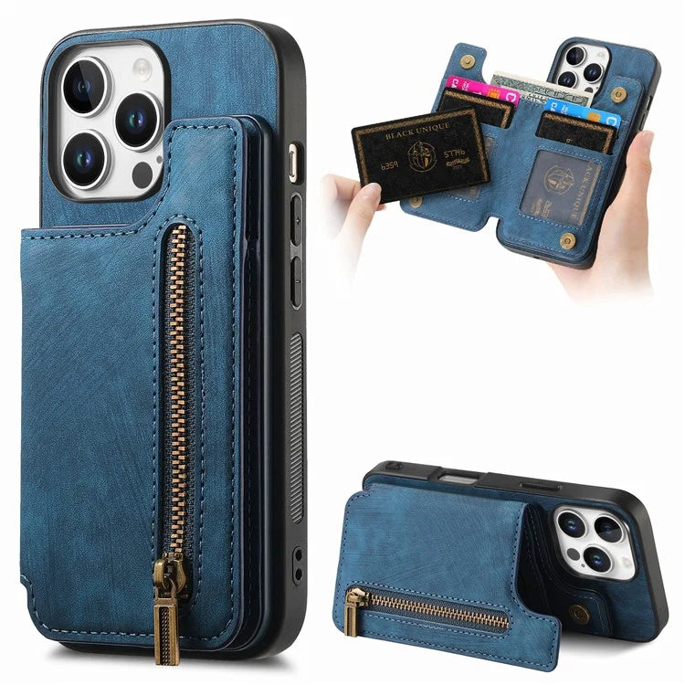 For iPhone 16 Pro Max Case with Zipper Card Holder Leather+TPU Phone Cover