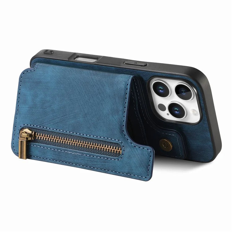 For iPhone 16 Pro Max Case with Zipper Card Holder Leather+TPU Phone Cover