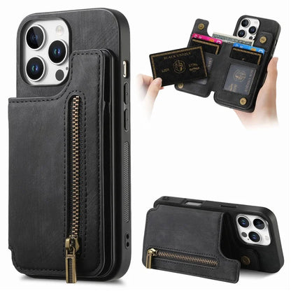 For iPhone 16 Pro Max Case with Zipper Card Holder Leather+TPU Phone Cover