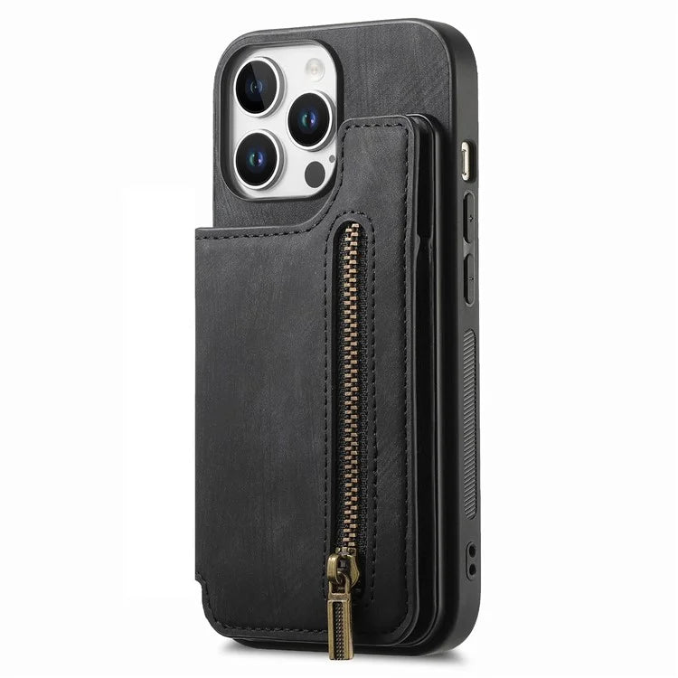For iPhone 16 Pro Max Case with Zipper Card Holder Leather+TPU Phone Cover