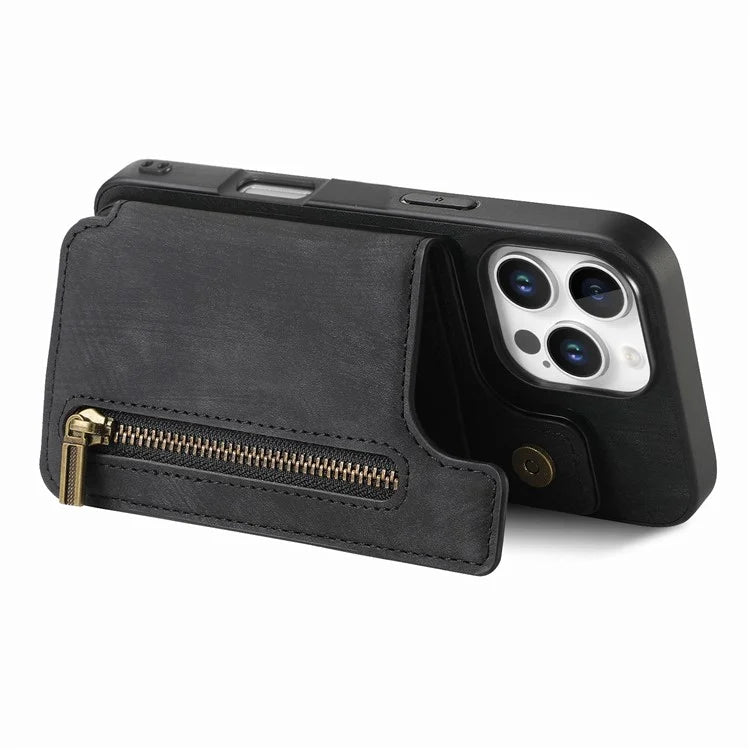 For iPhone 16 Pro Max Case with Zipper Card Holder Leather+TPU Phone Cover