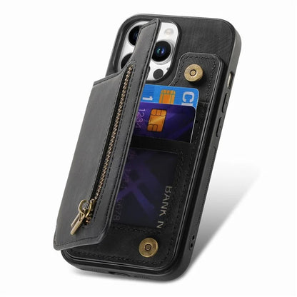 For iPhone 16 Pro Max Case with Zipper Card Holder Leather+TPU Phone Cover