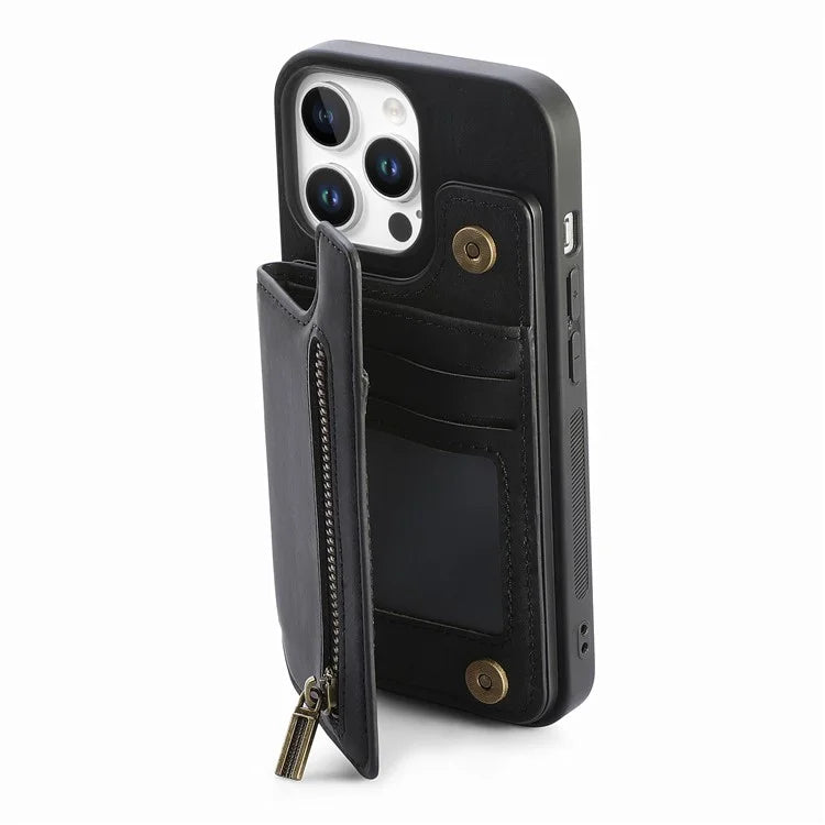 For iPhone 16 Pro Max Case with Zipper Card Holder Leather+TPU Phone Cover