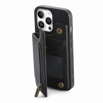 For iPhone 16 Pro Max Case with Zipper Card Holder Leather+TPU Phone Cover