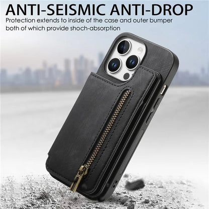 For iPhone 16 Pro Max Case with Zipper Card Holder Leather+TPU Phone Cover