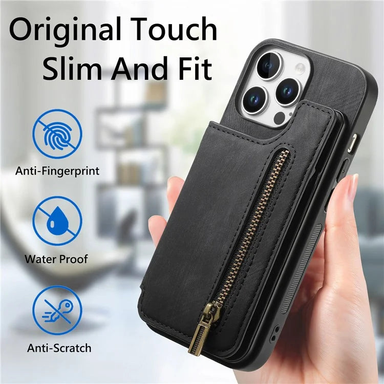 For iPhone 16 Pro Max Case with Zipper Card Holder Leather+TPU Phone Cover