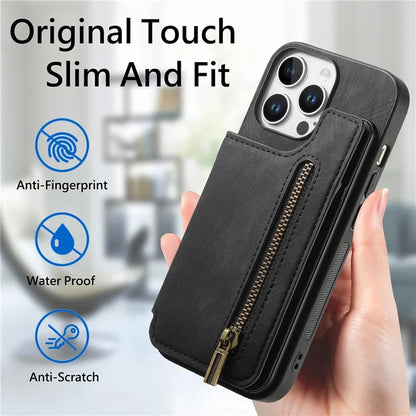 For iPhone 16 Pro Max Case with Zipper Card Holder Leather+TPU Phone Cover