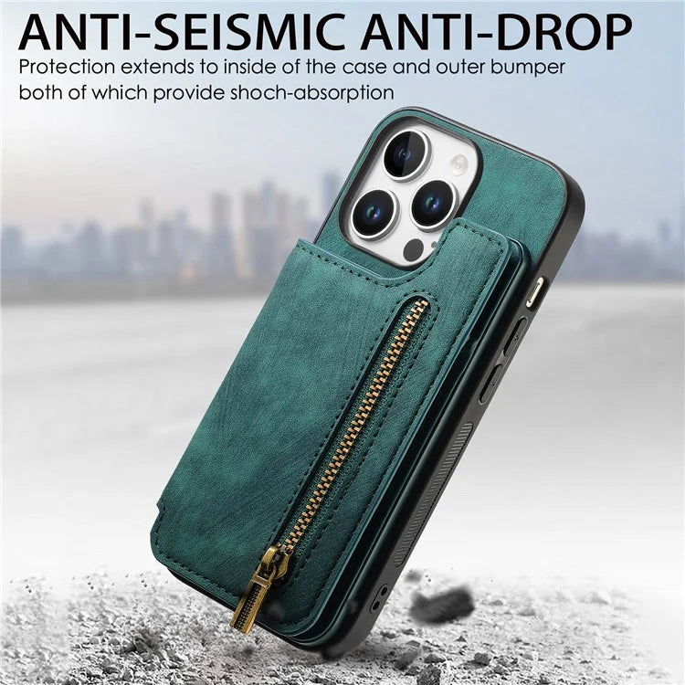 For iPhone 16 Pro Max Case with Zipper Card Holder Leather+TPU Phone Cover