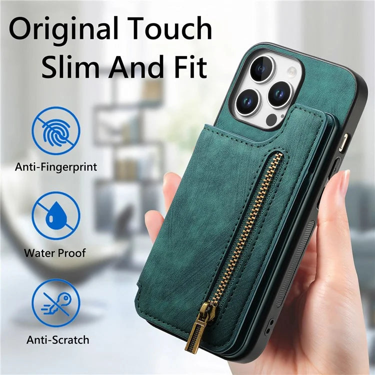 For iPhone 16 Pro Max Case with Zipper Card Holder Leather+TPU Phone Cover